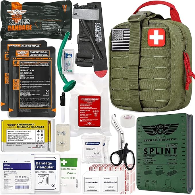 EVERLIT Advanced Emergency Trauma Kit, CAT GEN-7 Tourniquet Mil-Spec Nylon Laser Cut Pouch with 36" Splint, Military Combat Tactical IFAK for First Aid Response Bleeding Control