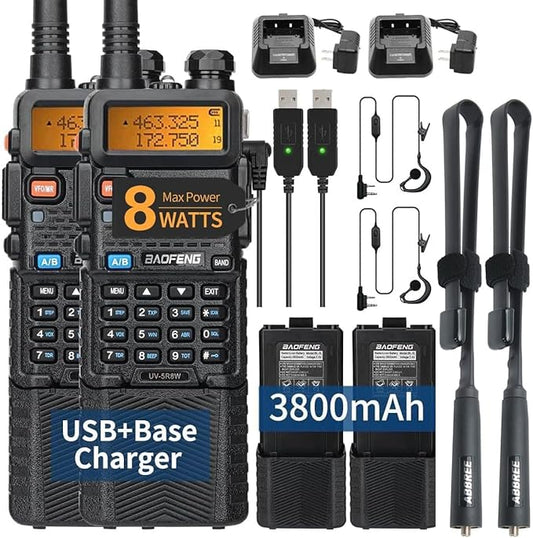 BAOFENG UV-5R 8W Ham Radios Long Range UV5R Handheld Dual Band High Power 3800mAh Rechargeable Walkie Talkies Portable Two Way Radio with Earpiece USB Charging Cable Full Kit,2Pack