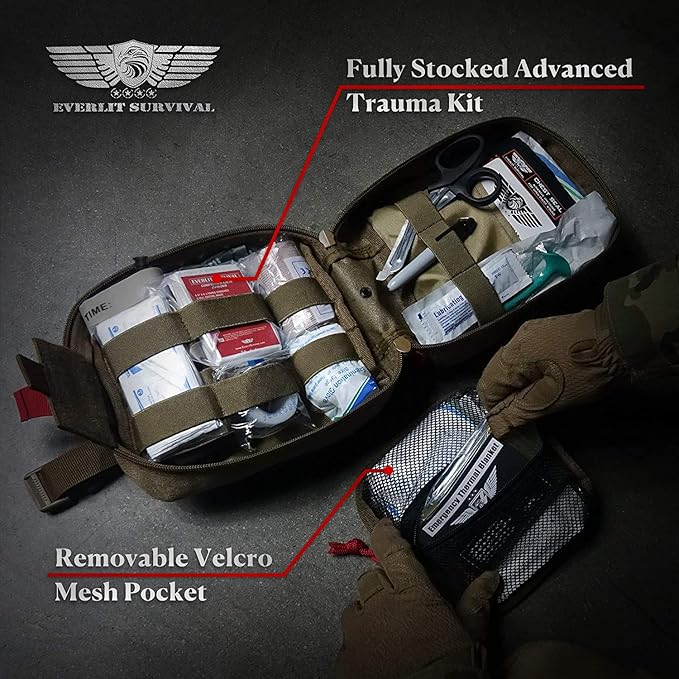 EVERLIT Advanced Emergency Trauma Kit, CAT GEN-7 Tourniquet Mil-Spec Nylon Laser Cut Pouch with 36" Splint, Military Combat Tactical IFAK for First Aid Response Bleeding Control